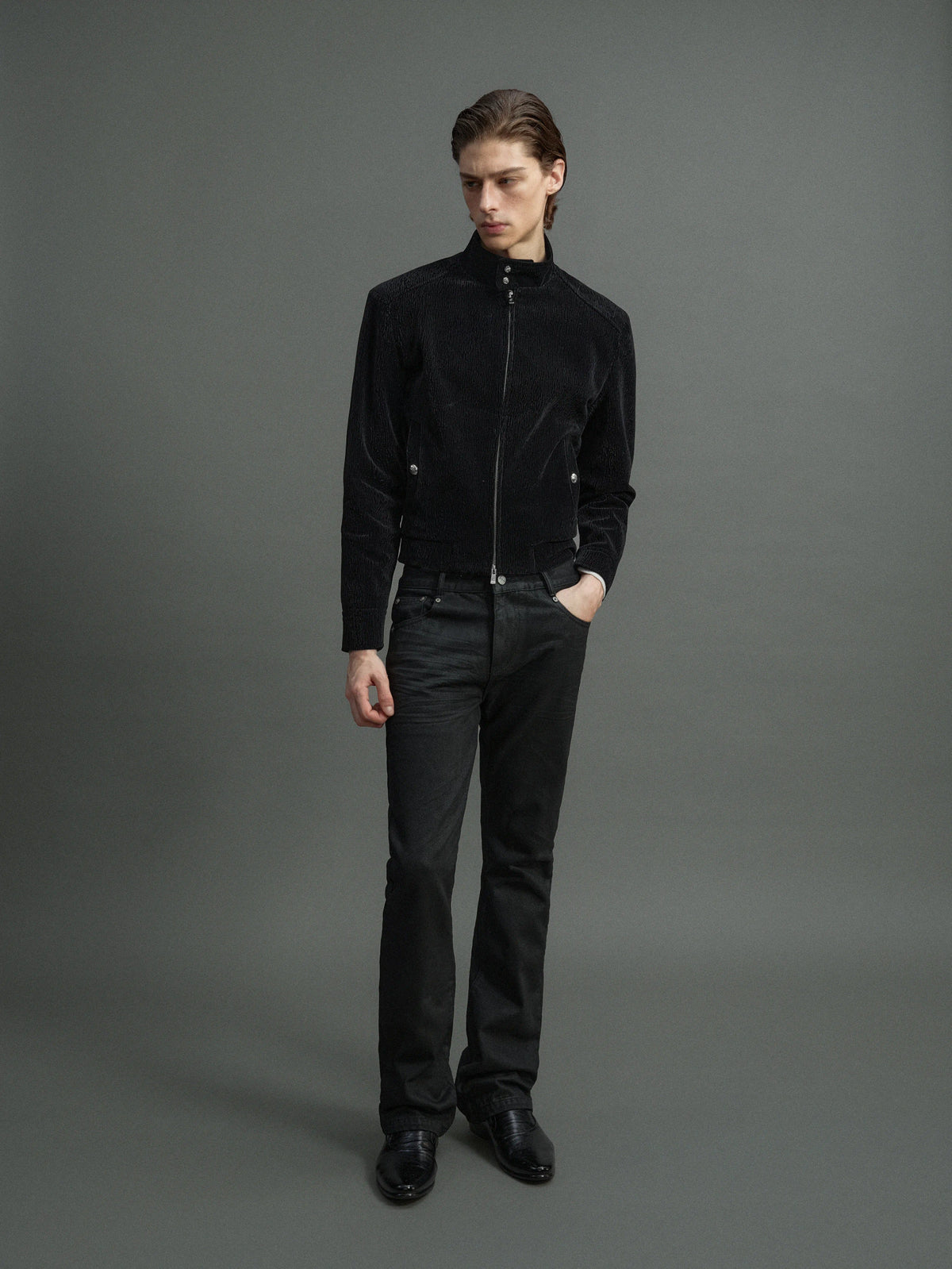Black Cropped Stand-Collar Velour Jacket with Double Zip - main image 4