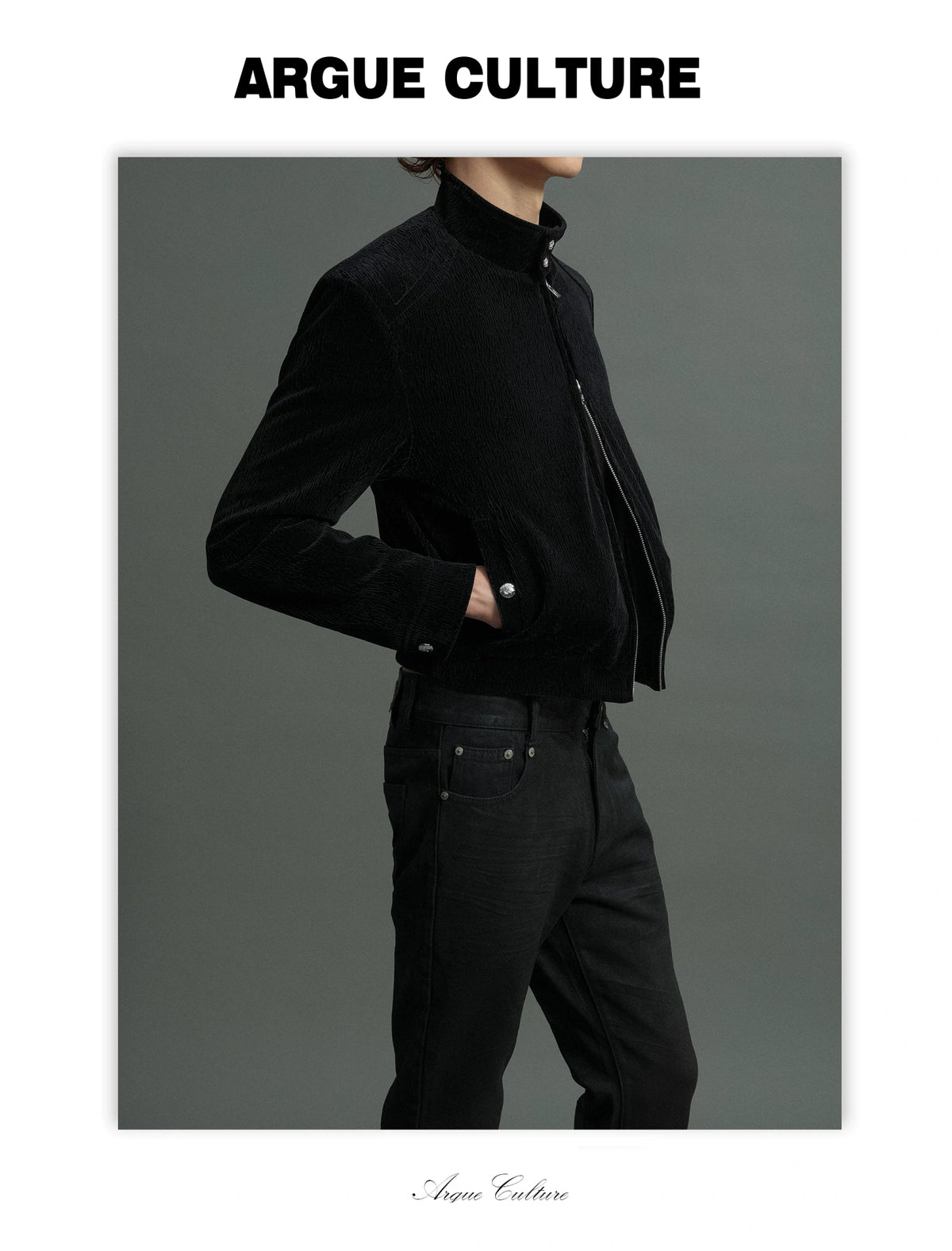 Black Cropped Stand-Collar Velour Jacket with Double Zip - detail image 17