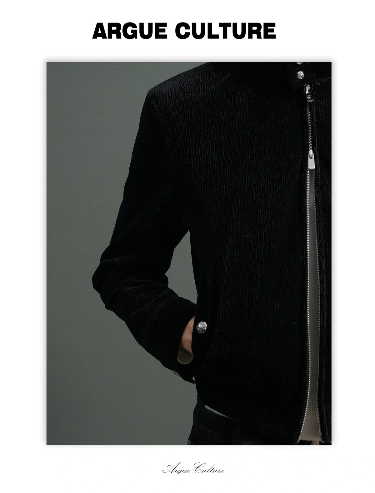 Black Cropped Stand-Collar Velour Jacket with Double Zip - detail image 13