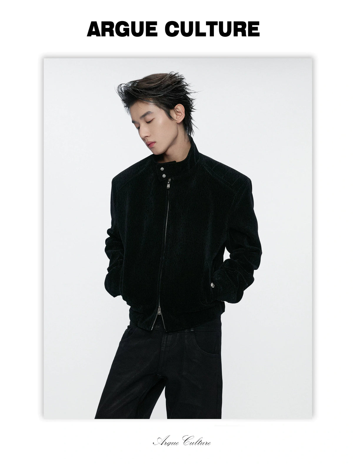 Black Cropped Stand-Collar Velour Jacket with Double Zip - detail image 5