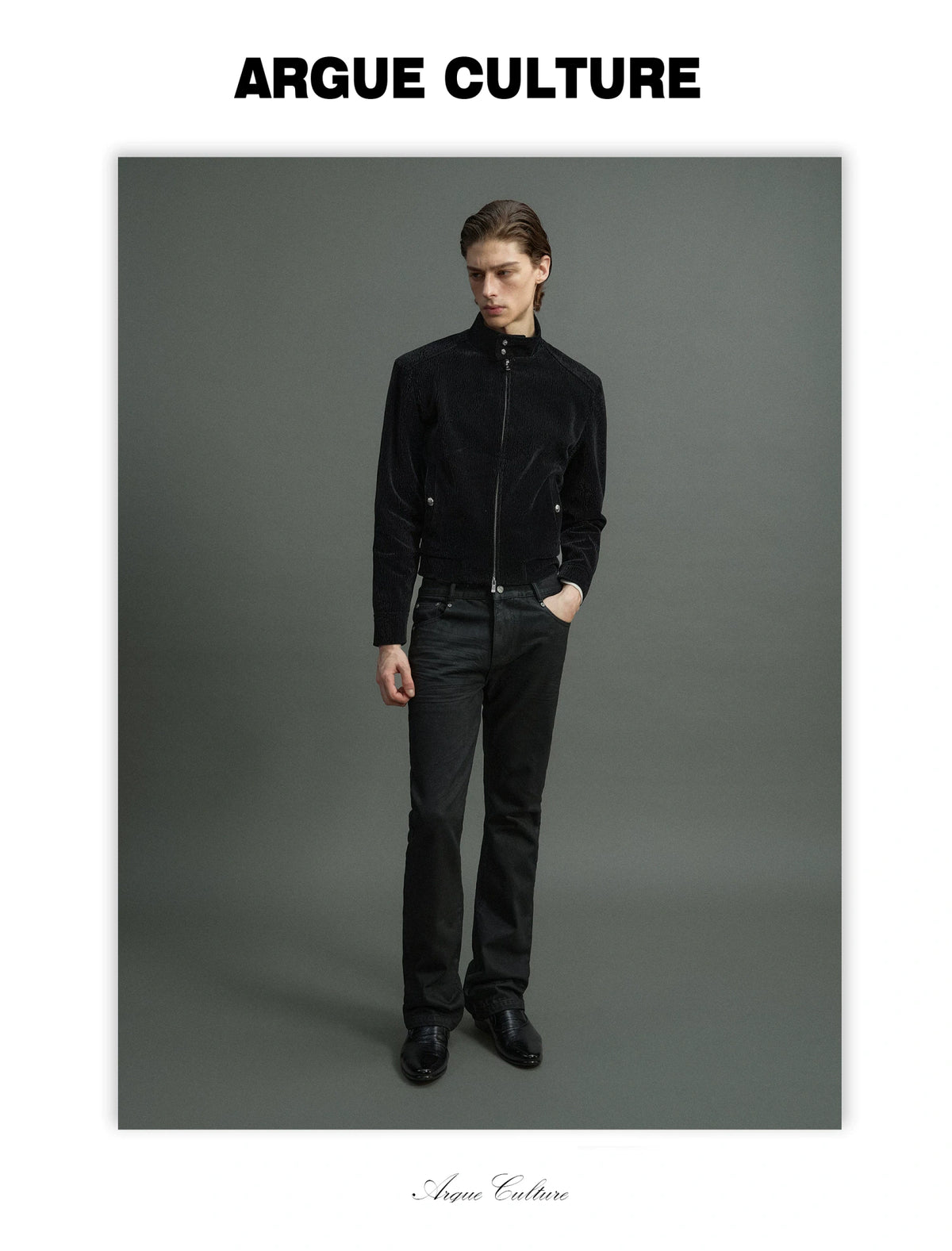 Black Cropped Stand-Collar Velour Jacket with Double Zip - detail image 14