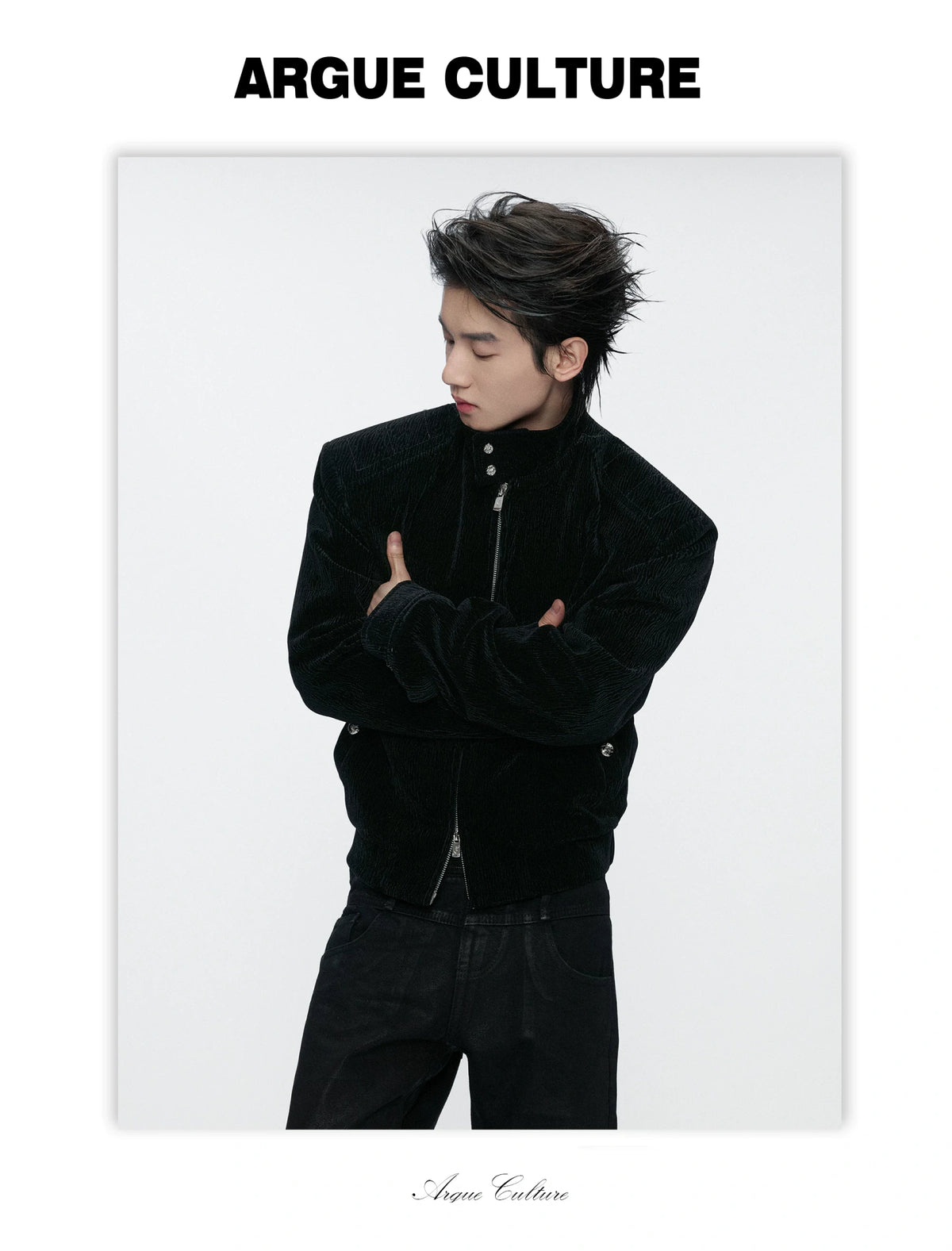 Black Cropped Stand-Collar Velour Jacket with Double Zip - detail image 7