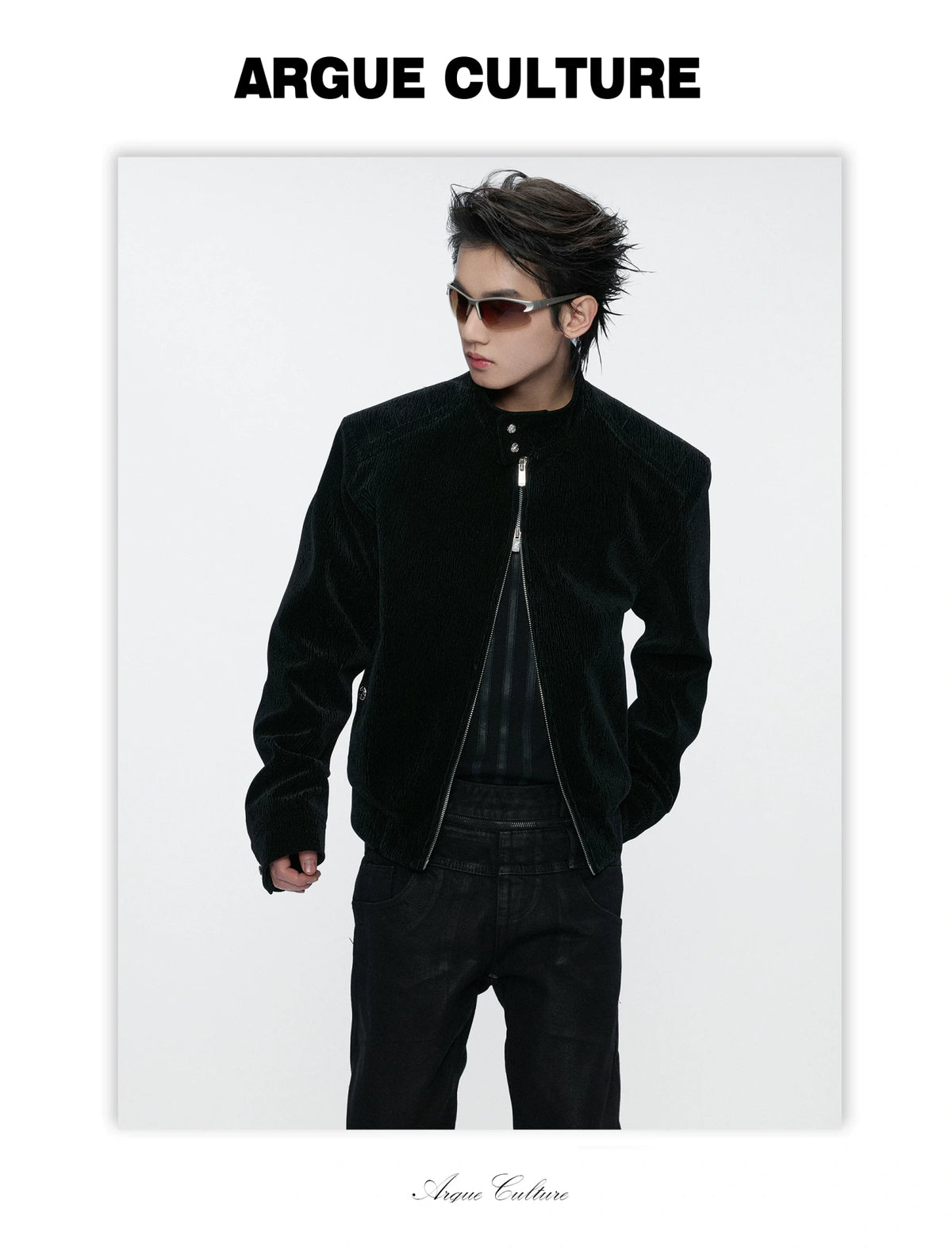 Black Cropped Stand-Collar Velour Jacket with Double Zip - detail image 9