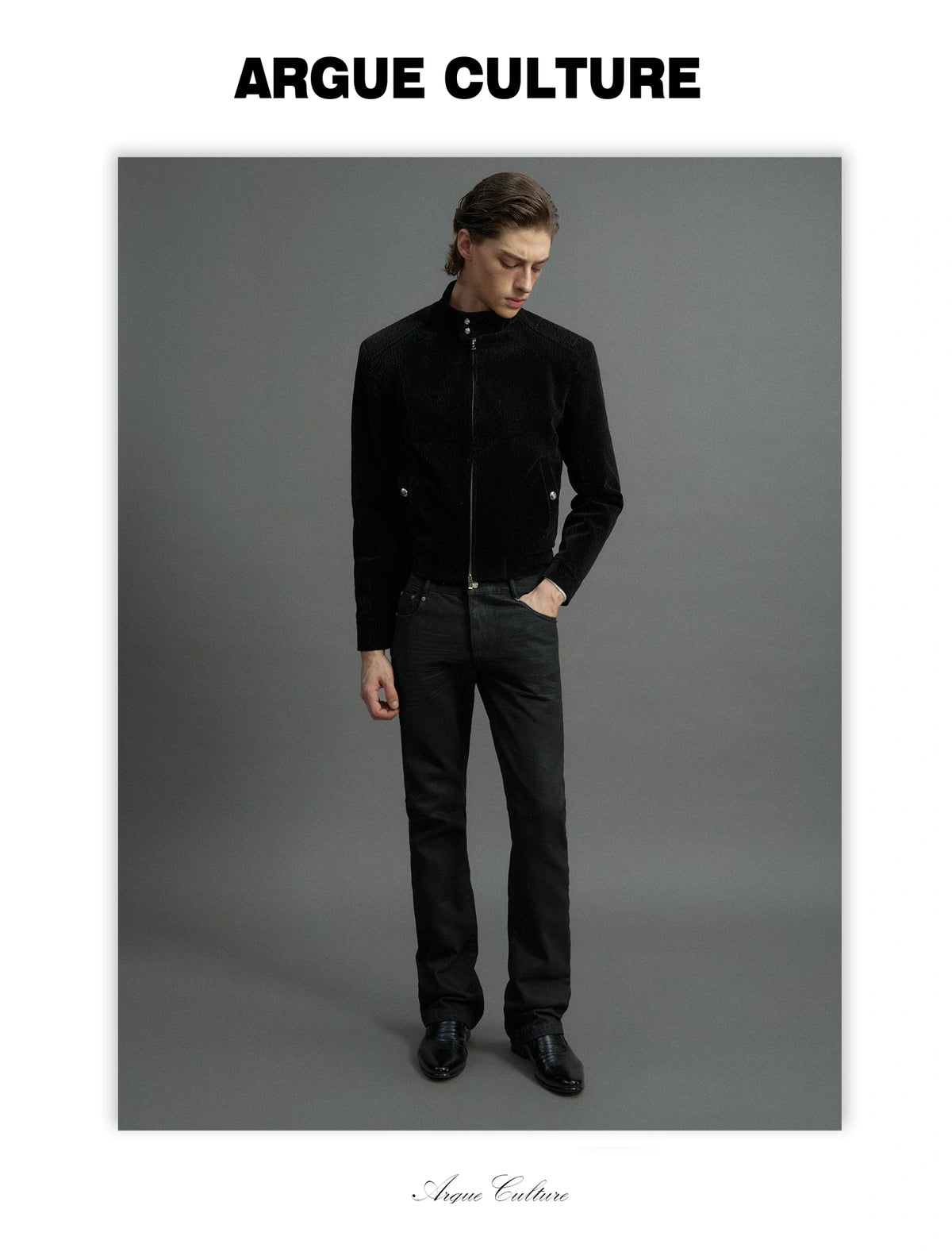 Black Cropped Stand-Collar Velour Jacket with Double Zip - detail image 15