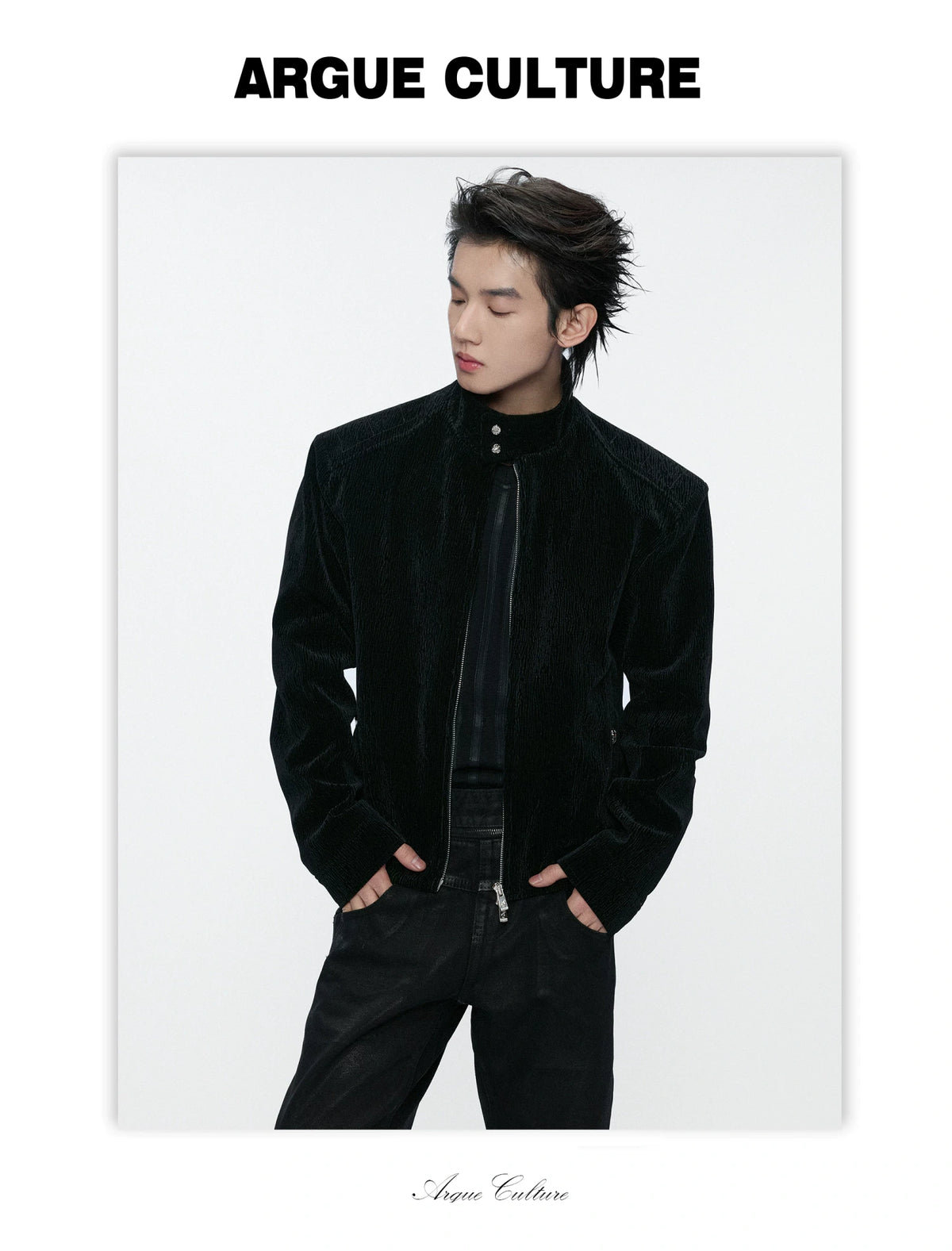 Black Cropped Stand-Collar Velour Jacket with Double Zip - detail image 4