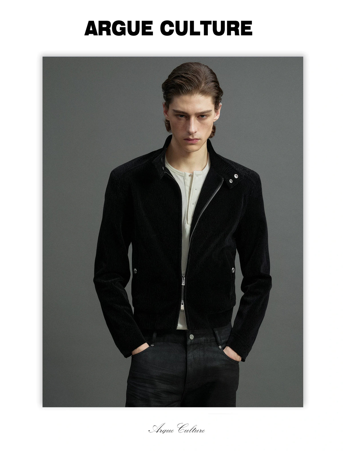 Black Cropped Stand-Collar Velour Jacket with Double Zip - detail image 2