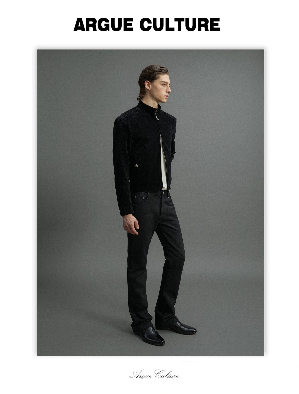 Black Cropped Stand-Collar Velour Jacket with Double Zip - detail image 18