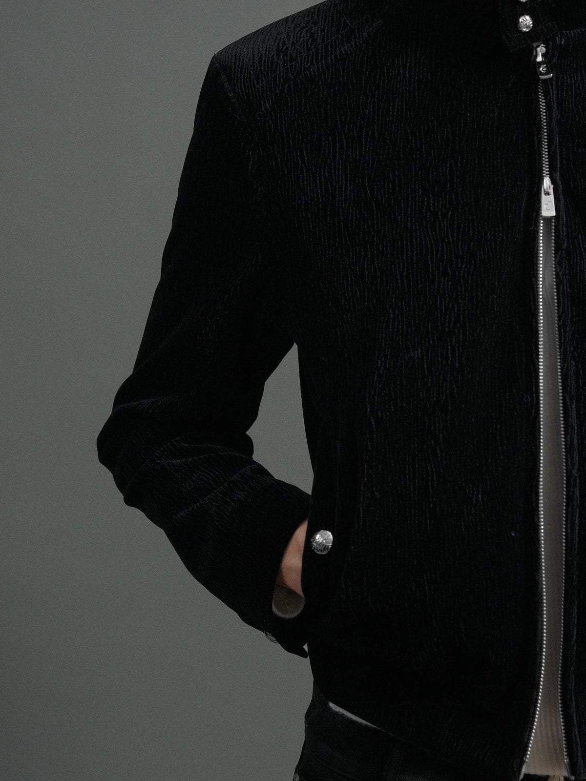 Black Cropped Stand-Collar Velour Jacket with Double Zip - main image 3