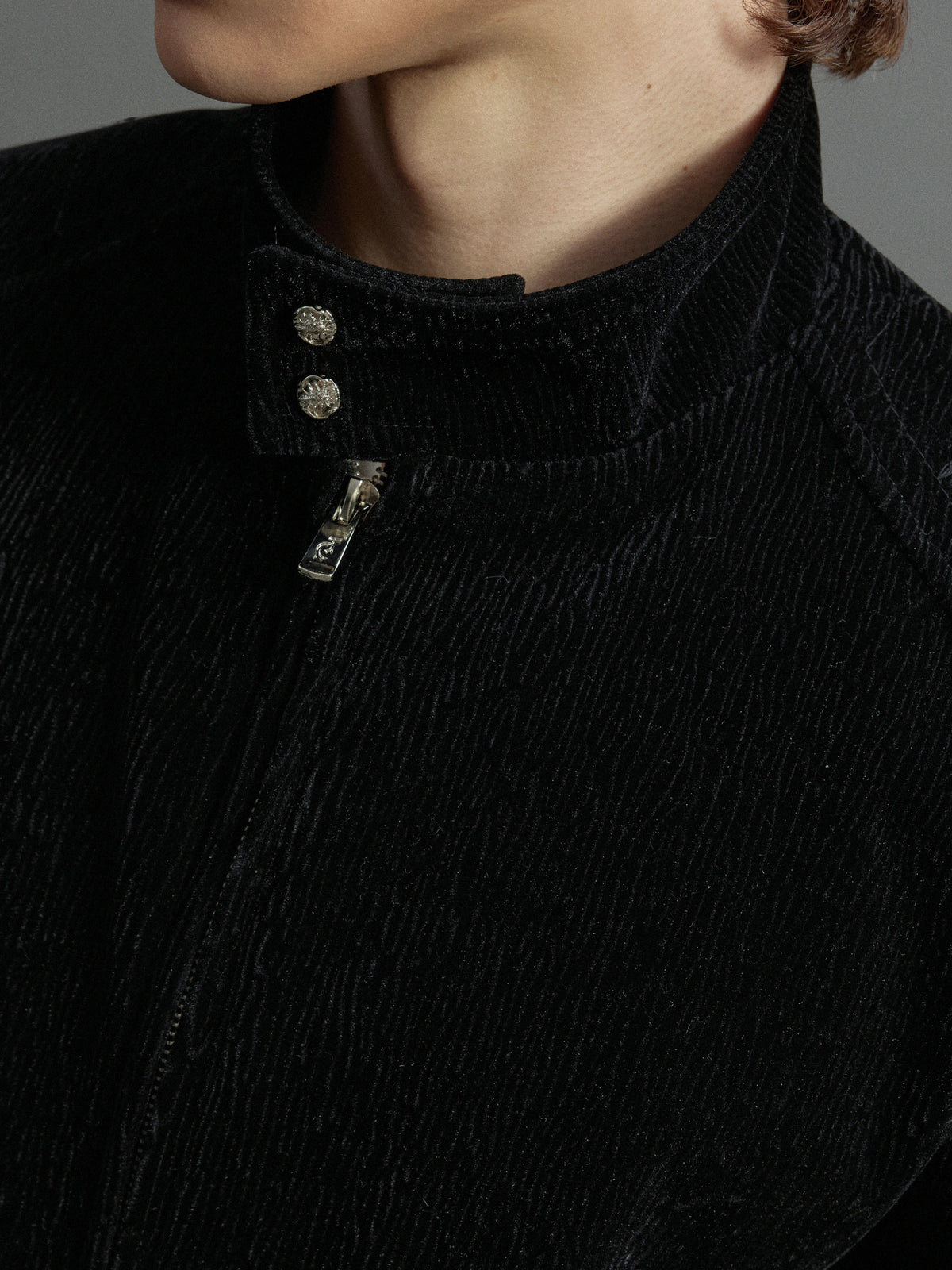 Black Cropped Stand-Collar Velour Jacket with Double Zip - main image 5