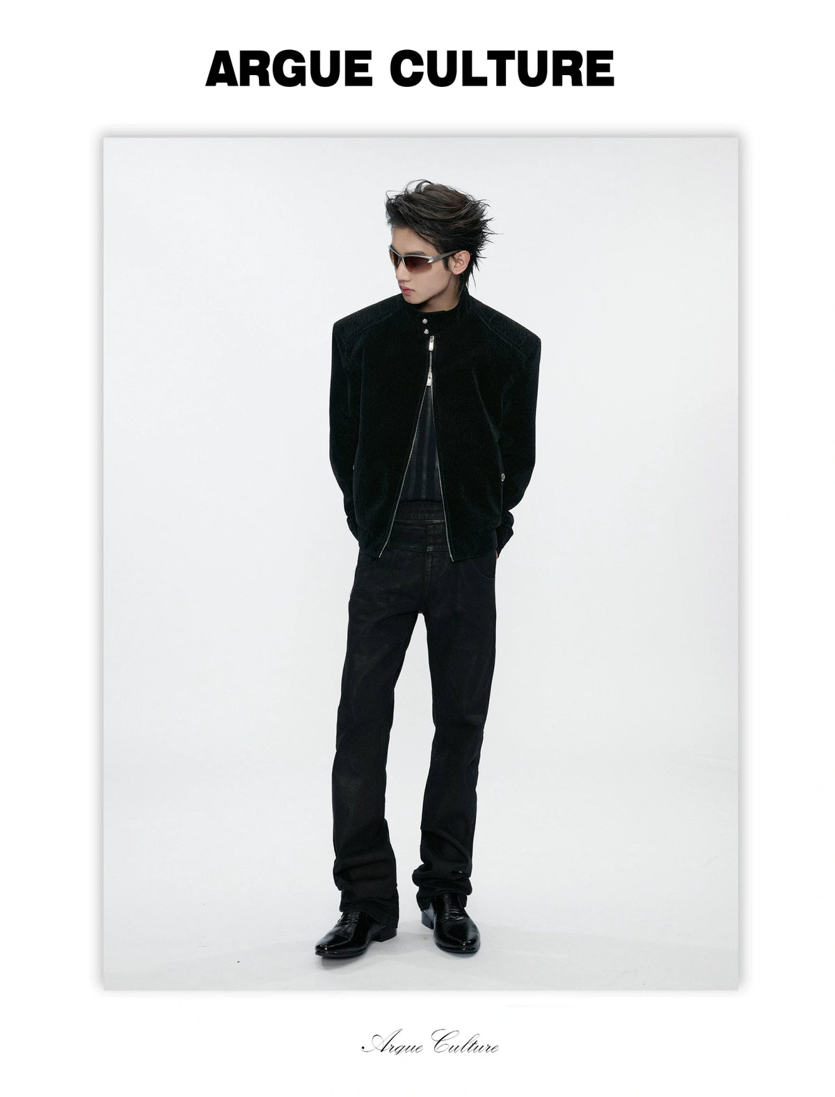 Black Cropped Stand-Collar Velour Jacket with Double Zip - detail image 11