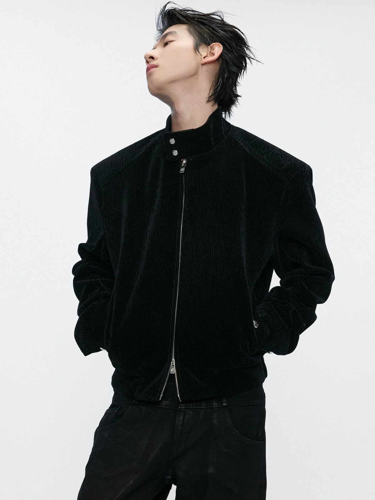 Black Cropped Stand-Collar Velour Jacket with Double Zip - main image 2