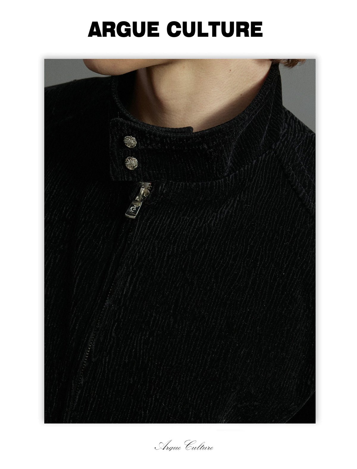 Black Cropped Stand-Collar Velour Jacket with Double Zip - detail image 19