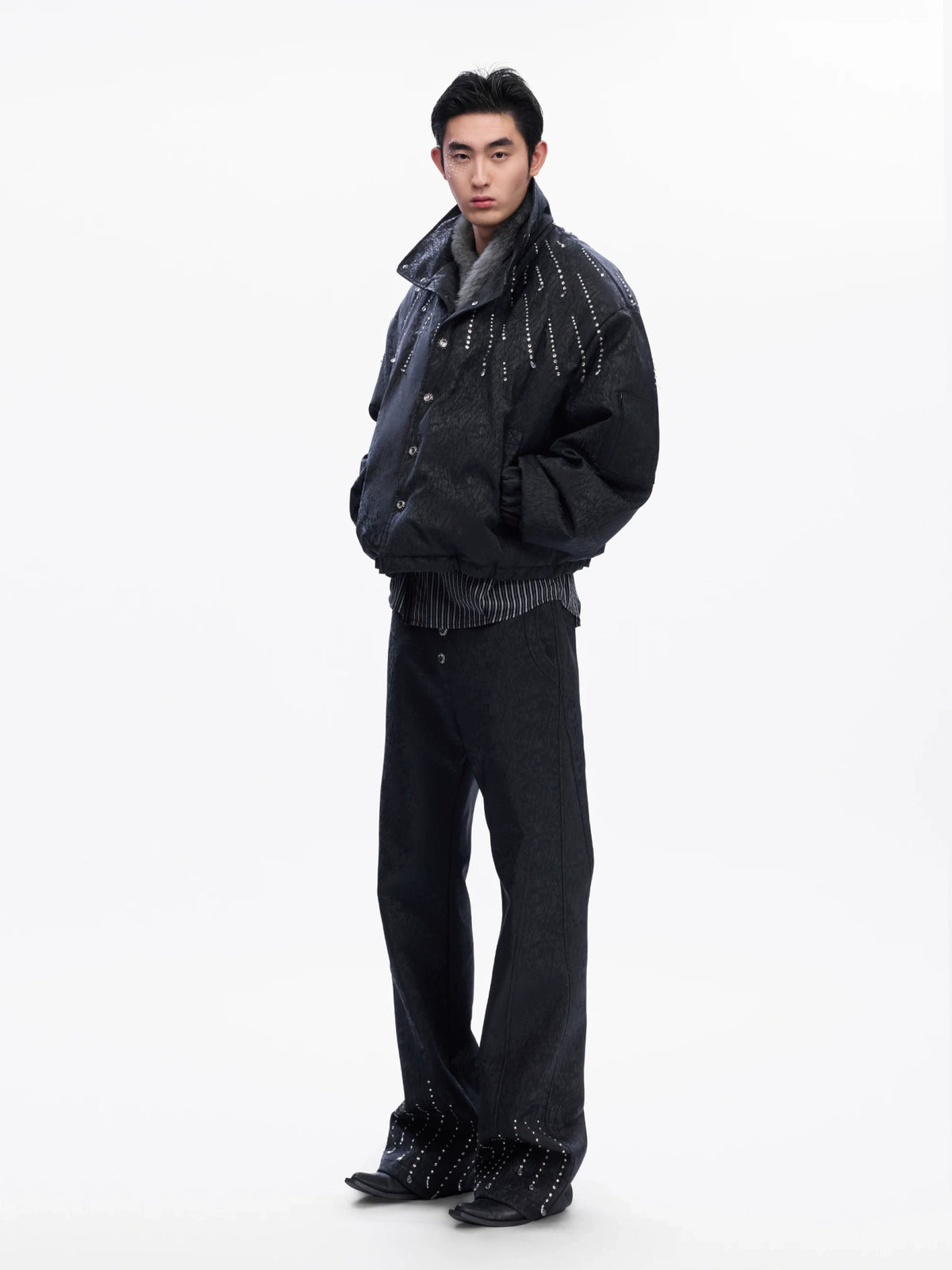 Black Crystal-Accent Cropped Padded Jacket with Stand Collar - main image 5