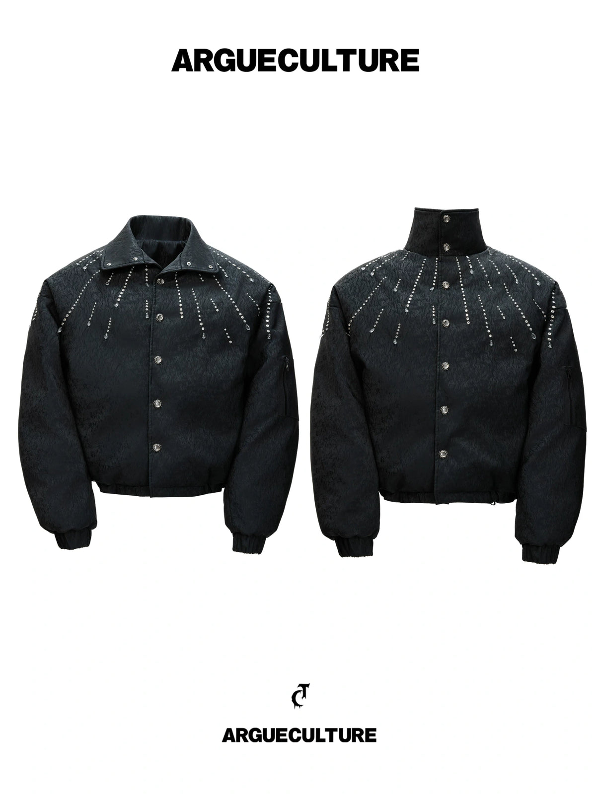 Black Crystal-Accent Cropped Padded Jacket with Stand Collar - main image 2