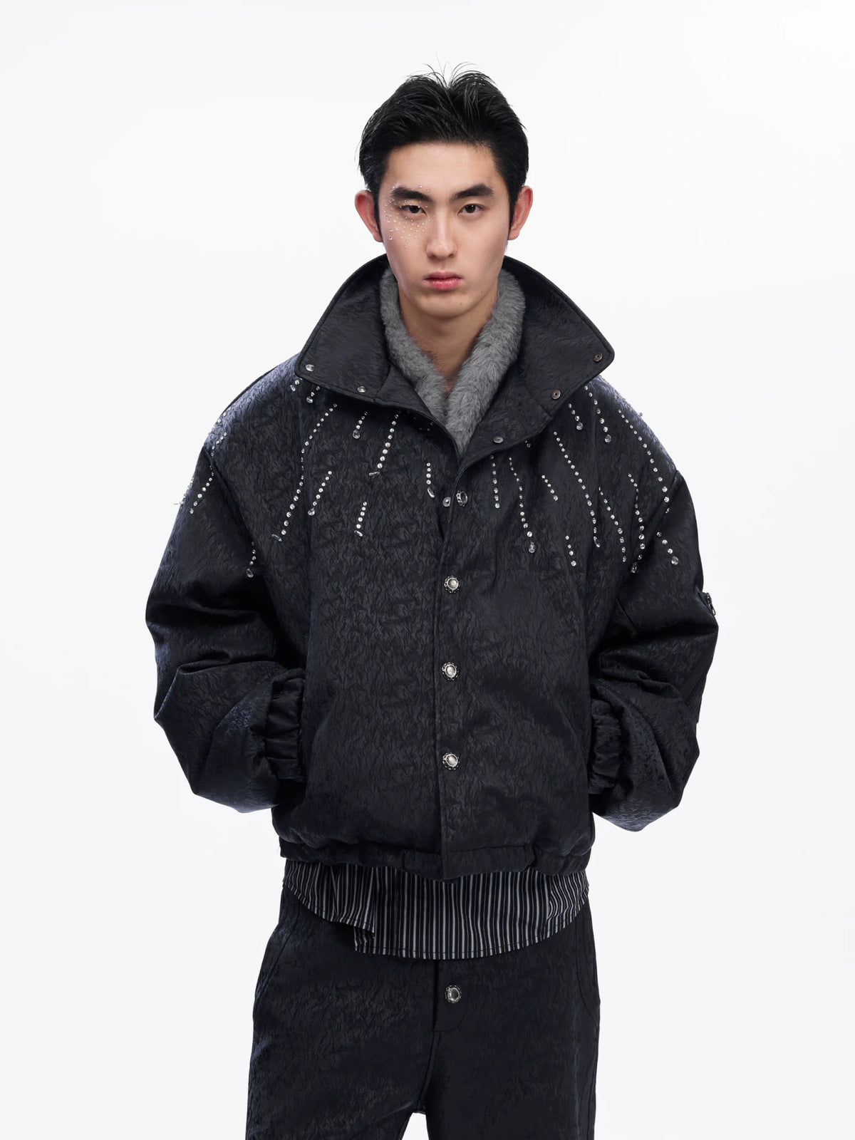 Black Crystal-Accent Cropped Padded Jacket with Stand Collar - main image 3