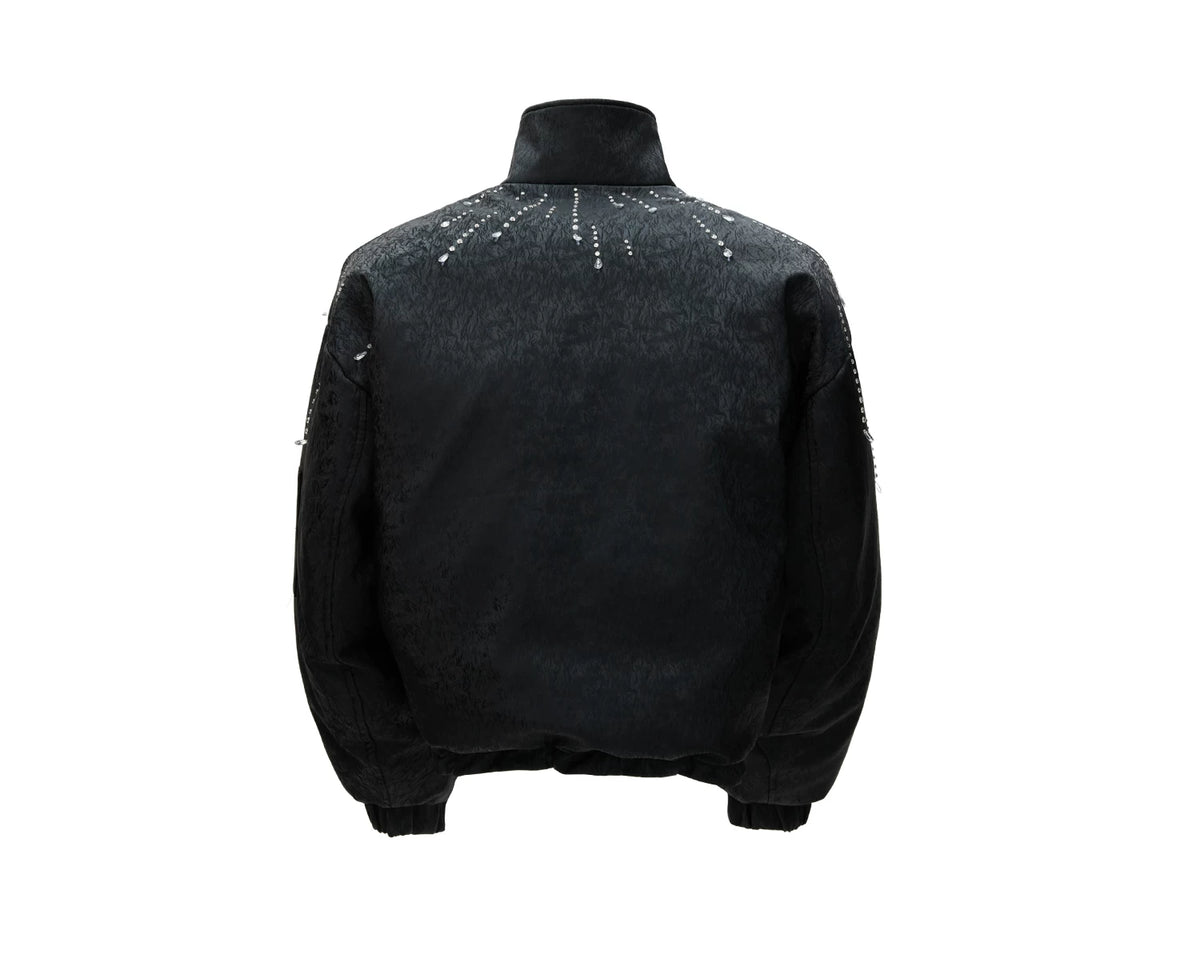 Black Crystal-Accent Cropped Padded Jacket with Stand Collar - detail image 2