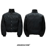 Black Crystal-Accent Cropped Padded Jacket with Stand Collar - Black