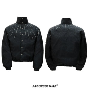 Black Crystal-Accent Cropped Padded Jacket with Stand Collar - Black