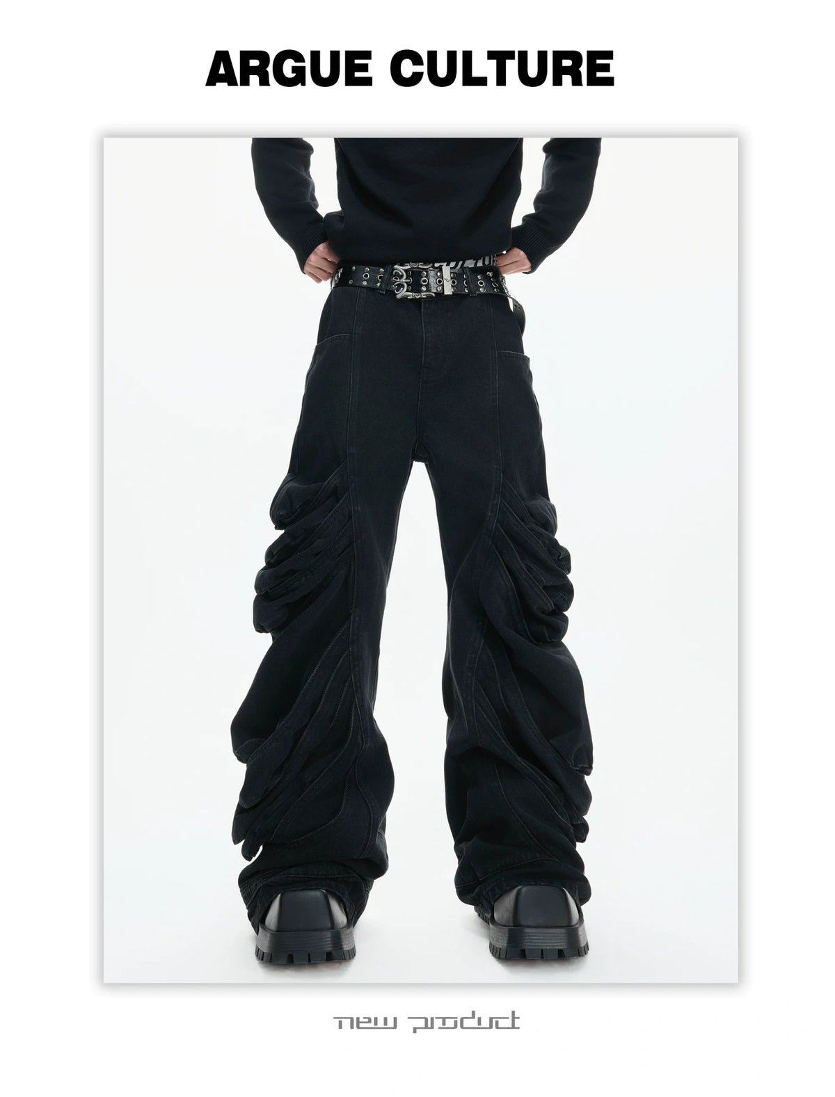 Black Deconstructed Curved-Leg Stacked Jeans - detail image 7