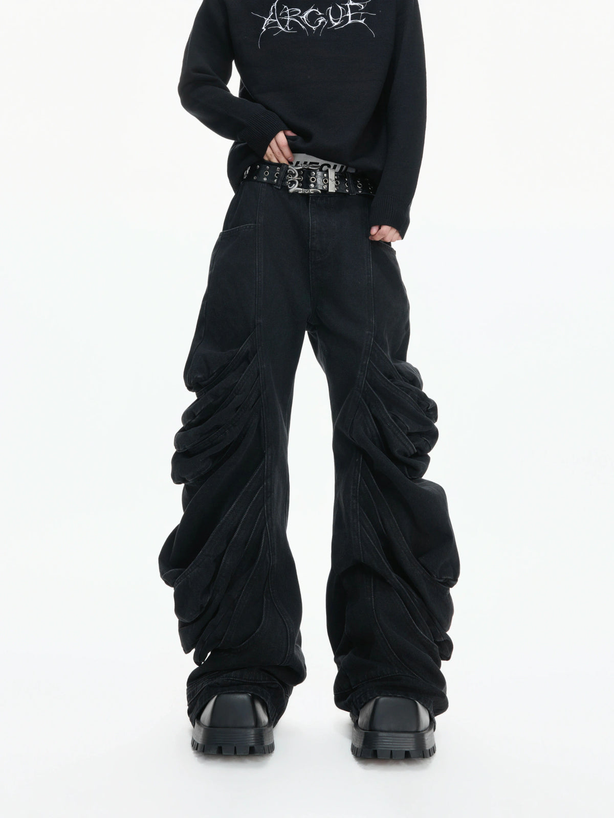 Black Deconstructed Curved-Leg Stacked Jeans - main image 1