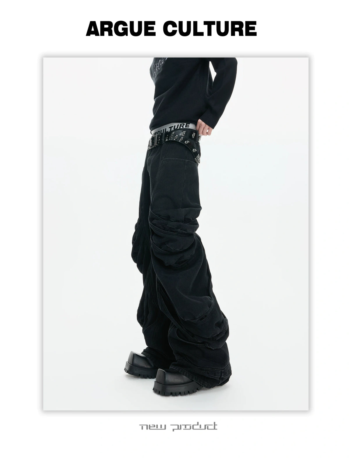 Black Deconstructed Curved-Leg Stacked Jeans - detail image 2