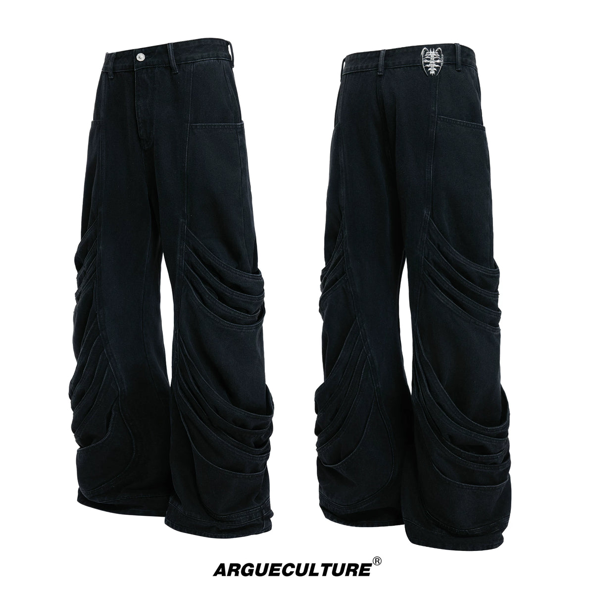 Black Deconstructed Curved-Leg Stacked Jeans - Black Pants