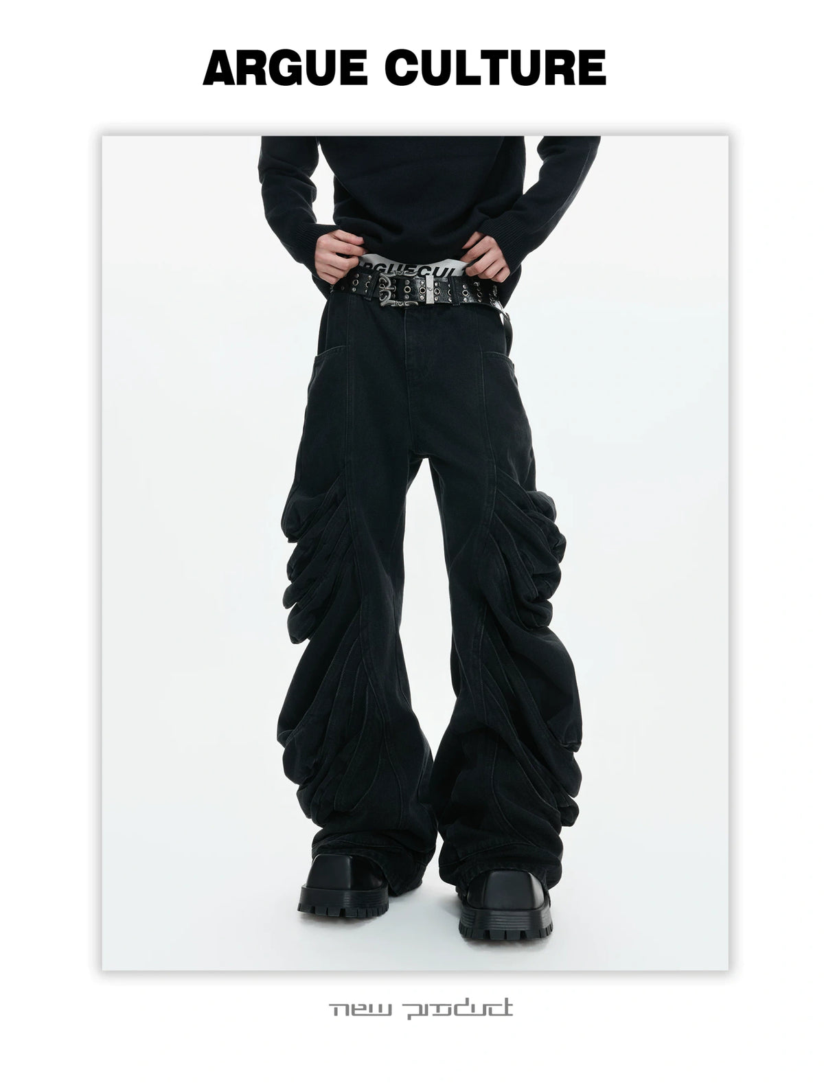 Black Deconstructed Curved-Leg Stacked Jeans - detail image 6