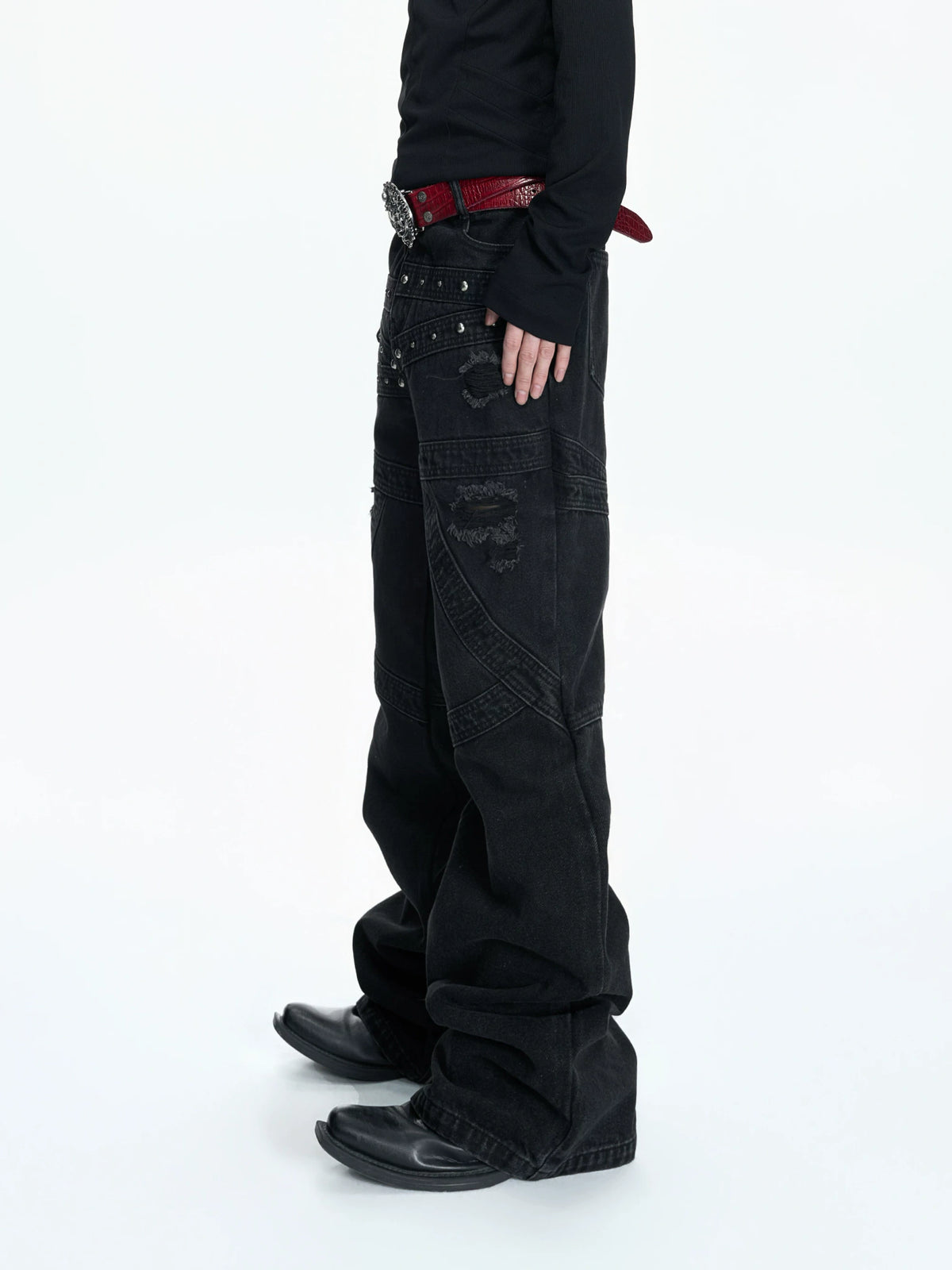 Black Distressed Rivet Flare Jeans | Washed Denim - main image 2