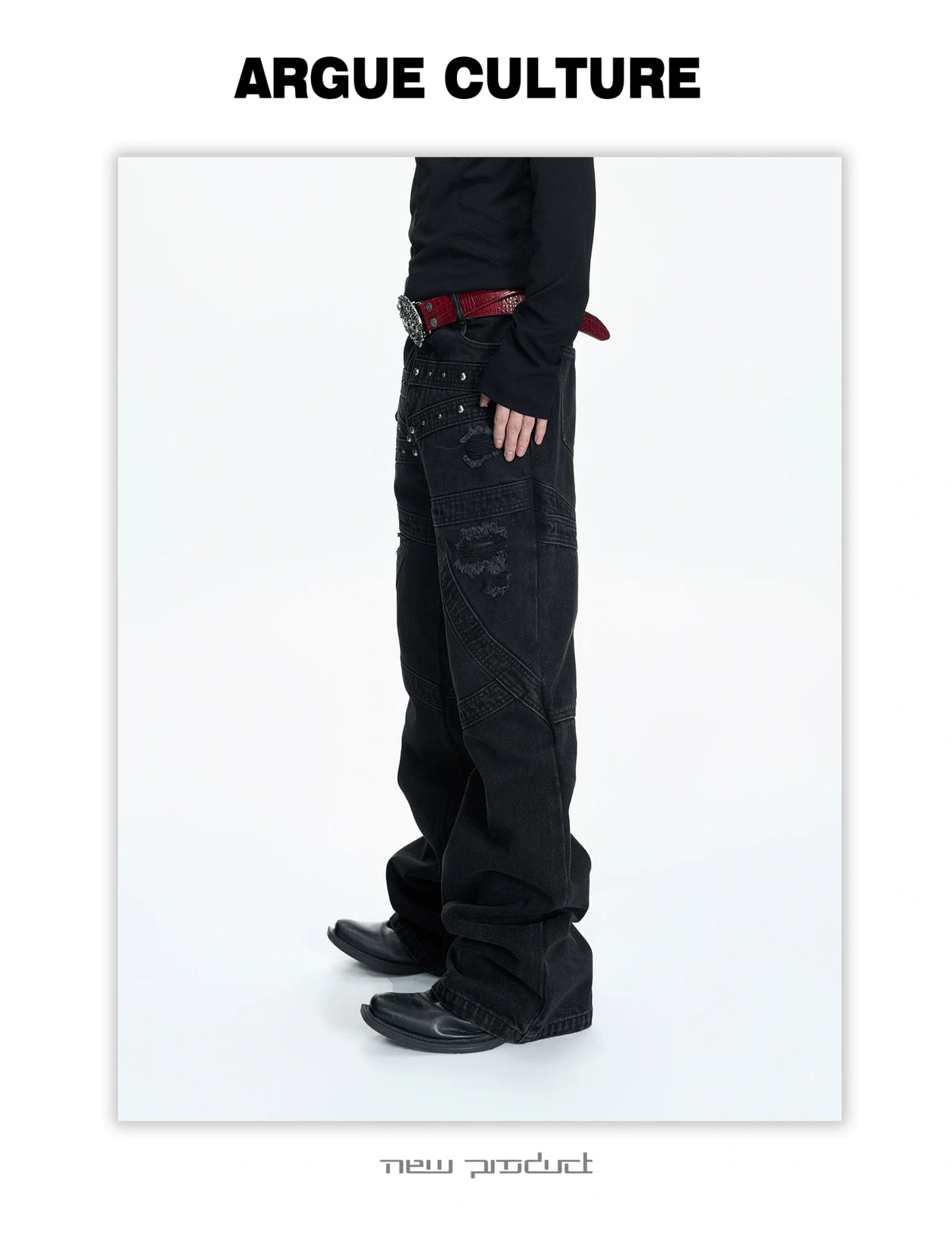 Black Distressed Rivet Flare Jeans | Washed Denim - detail image 3