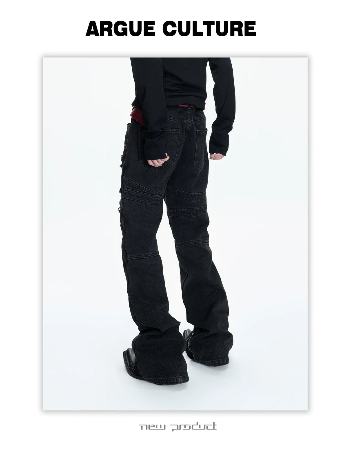 Black Distressed Rivet Flare Jeans | Washed Denim - detail image 4