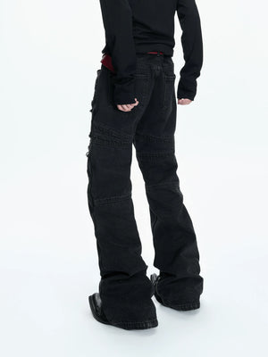 Black Distressed Rivet Flare Jeans | Washed Denim - main image 3