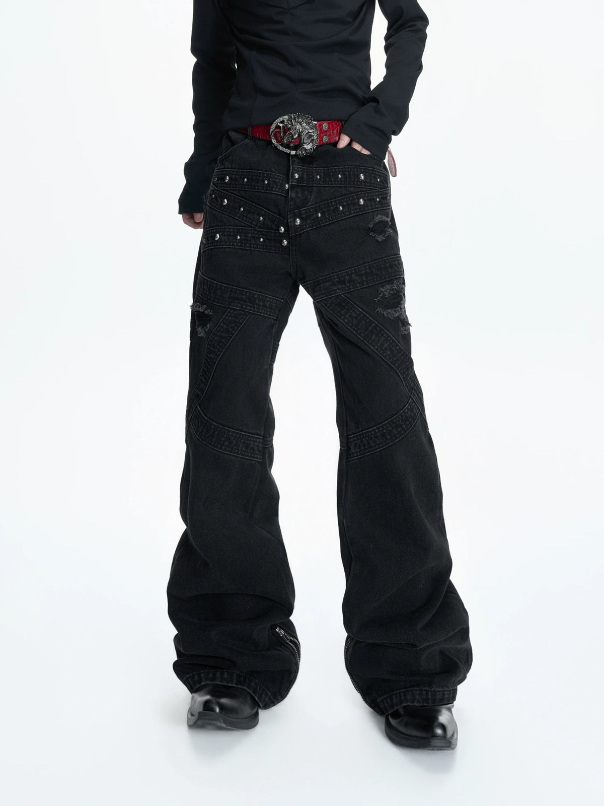 Black Distressed Rivet Flare Jeans | Washed Denim - main image 5