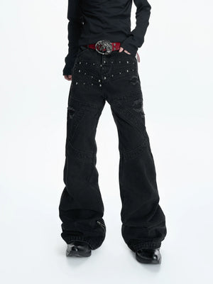 Black Distressed Rivet Flare Jeans | Washed Denim - main image 5