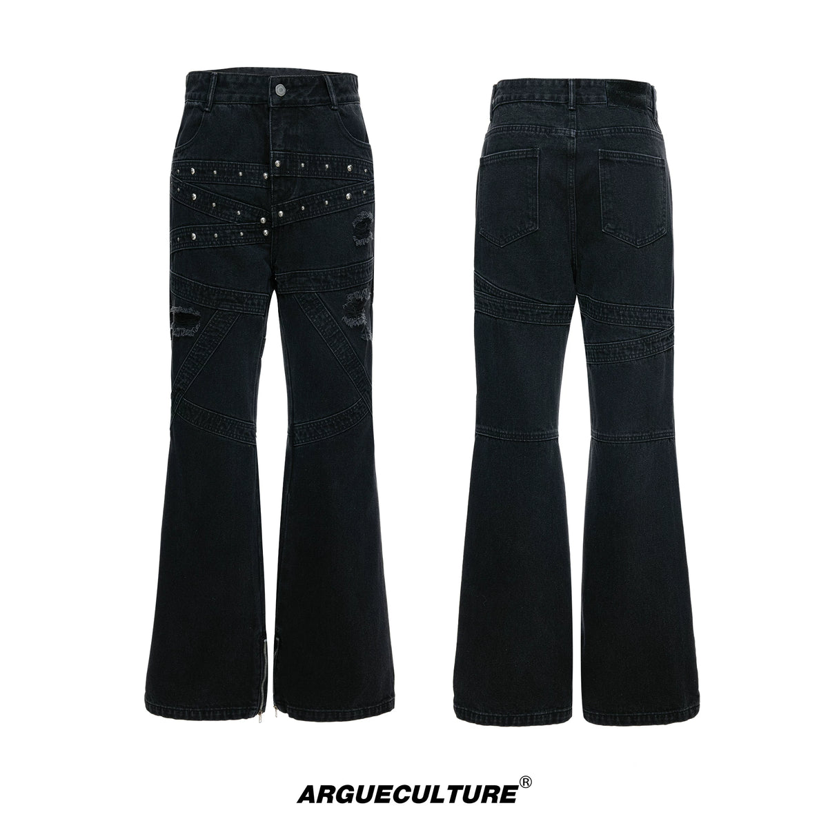 Black Distressed Rivet Flare Jeans | Washed Denim - Black Pants