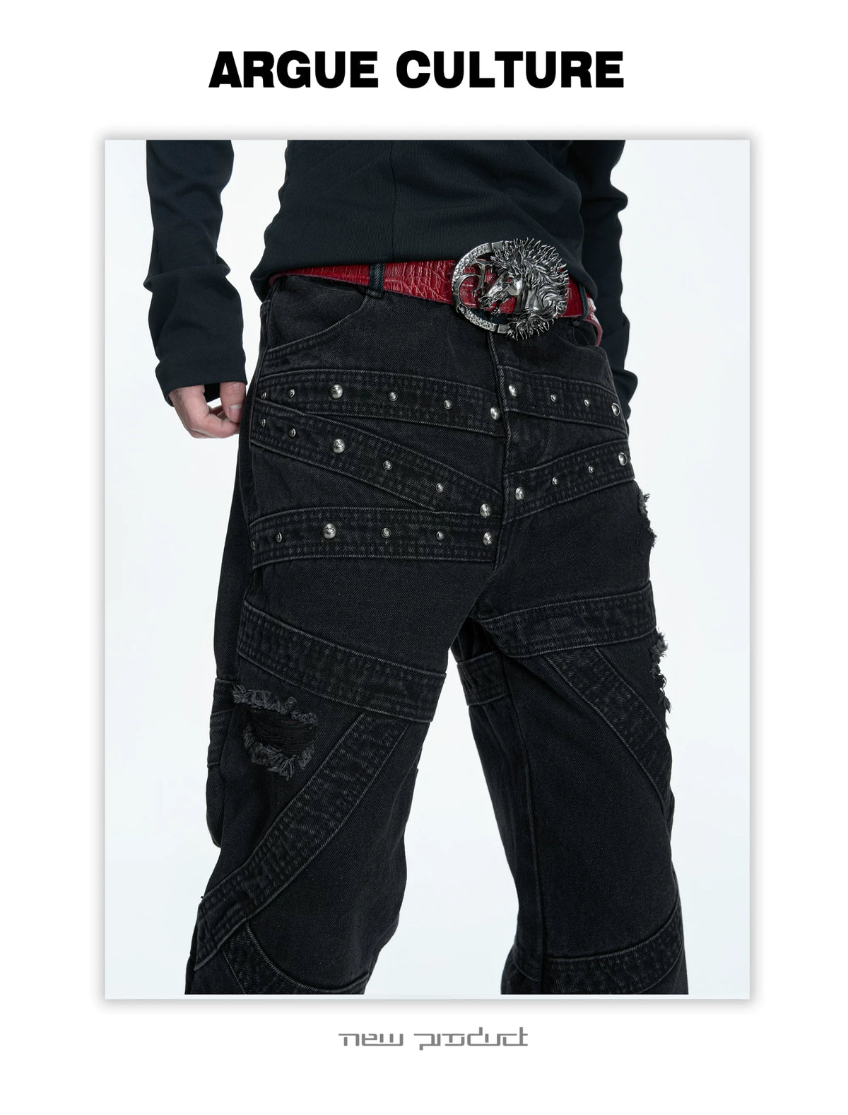 Black Distressed Rivet Flare Jeans | Washed Denim - detail image 2