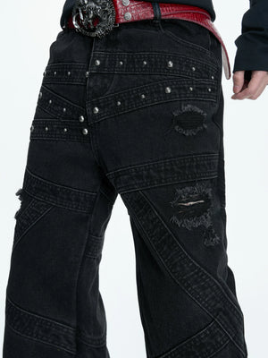 Black Distressed Rivet Flare Jeans | Washed Denim - main image 4