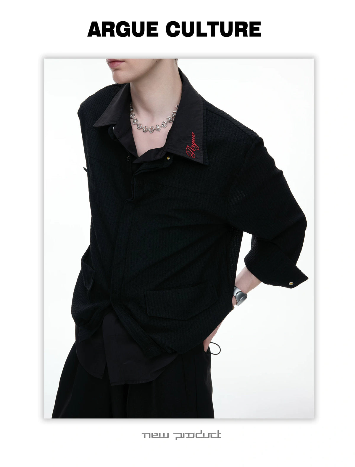 Black Faux-Layer Embroidered Shirt Jacket for Men - detail image 8