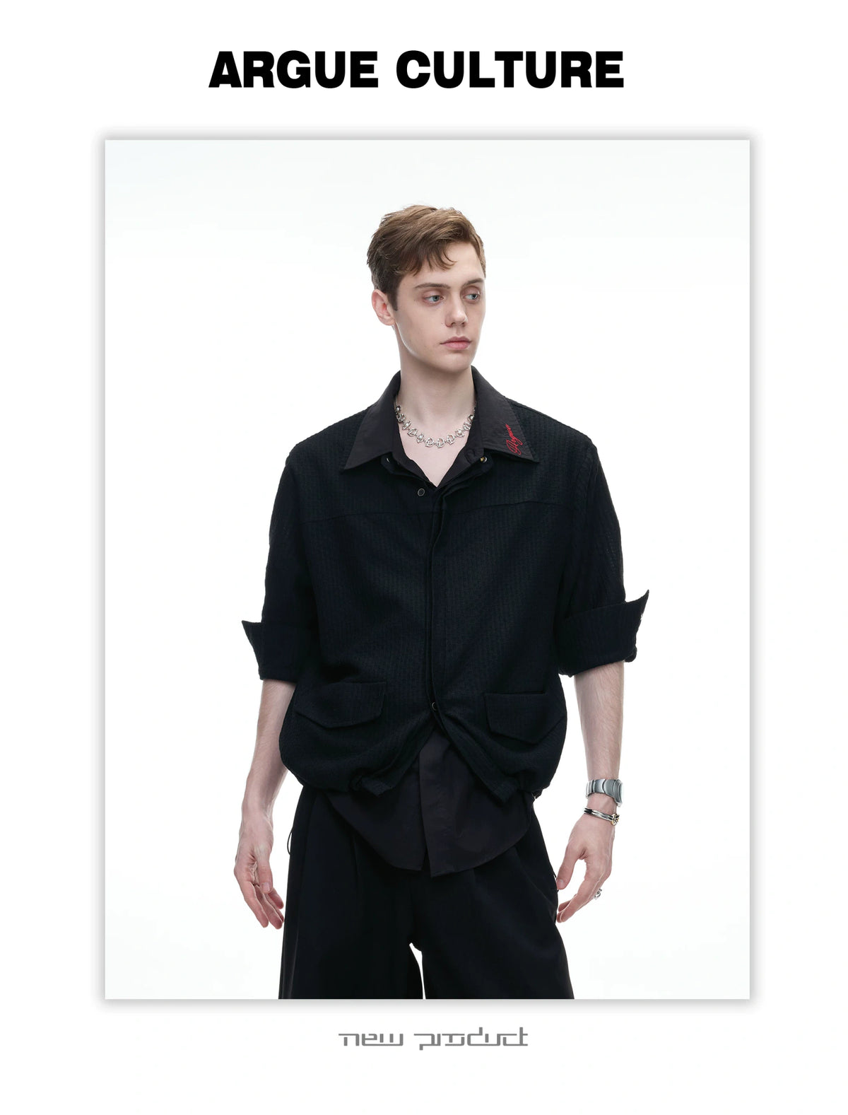 Black Faux-Layer Embroidered Shirt Jacket for Men - detail image 3