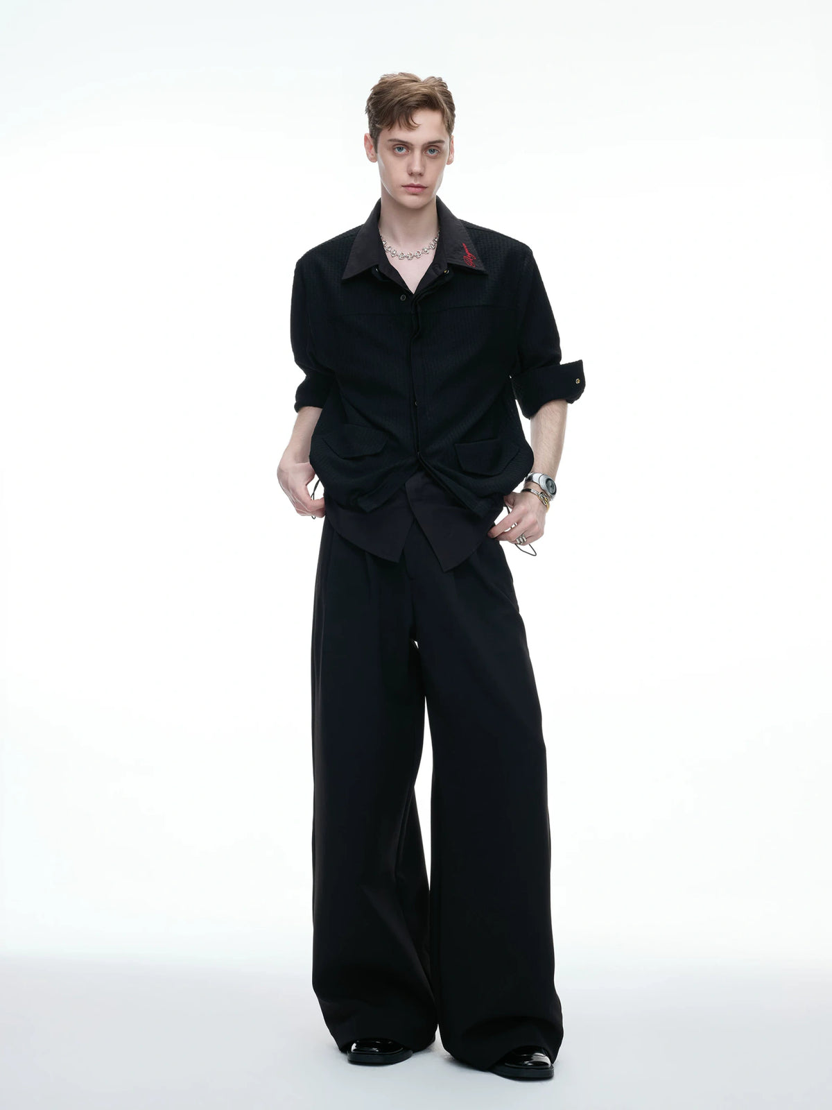 Black Faux-Layer Embroidered Shirt Jacket for Men - main image 3