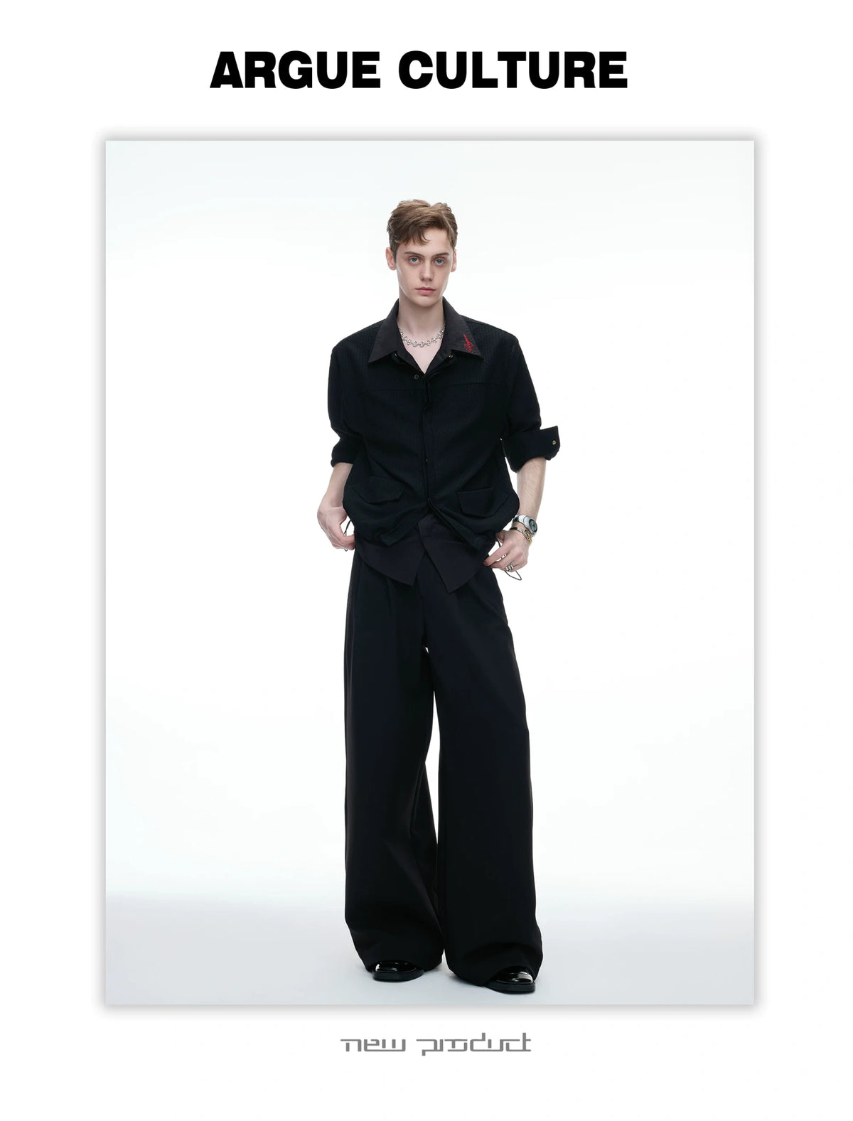 Black Faux-Layer Embroidered Shirt Jacket for Men - detail image 5
