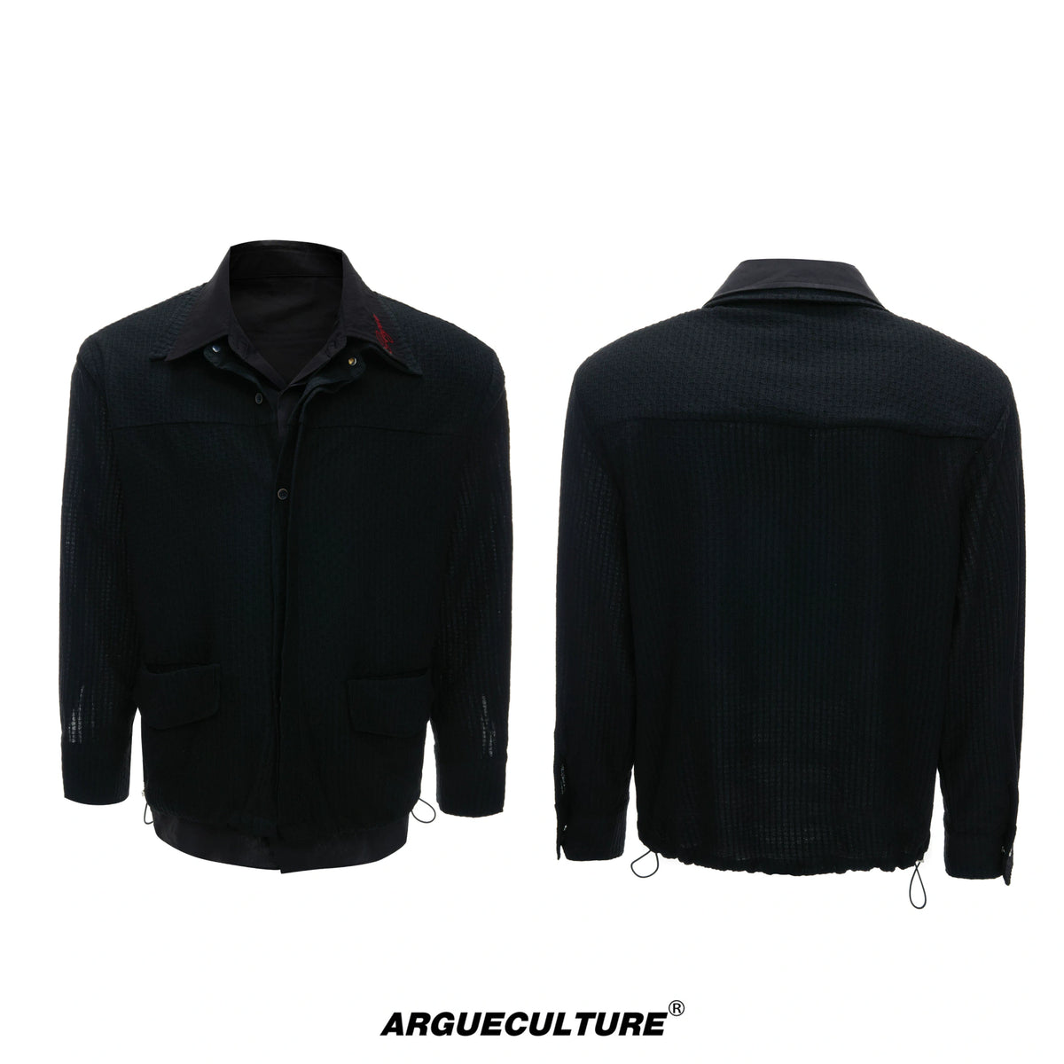 Black Faux-Layer Embroidered Shirt Jacket for Men - Black