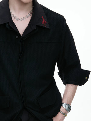 Black Faux-Layer Embroidered Shirt Jacket for Men - main image 4