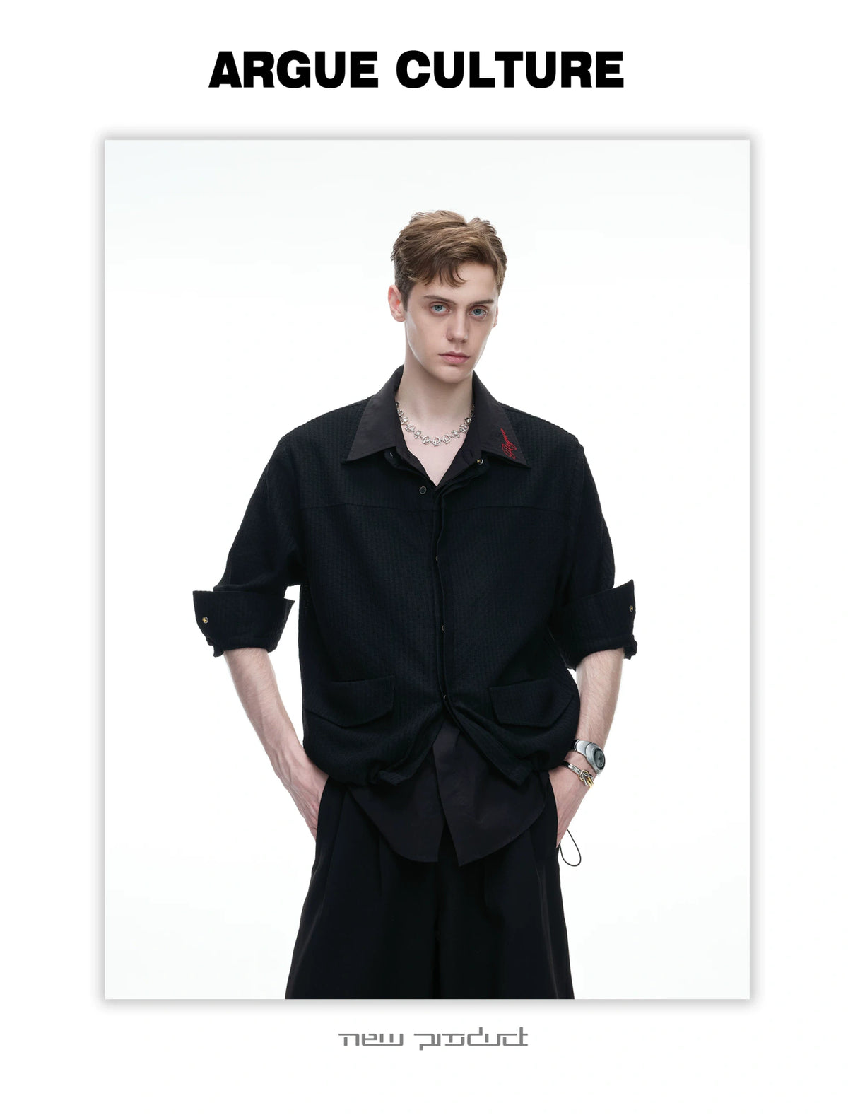 Black Faux-Layer Embroidered Shirt Jacket for Men - detail image 4