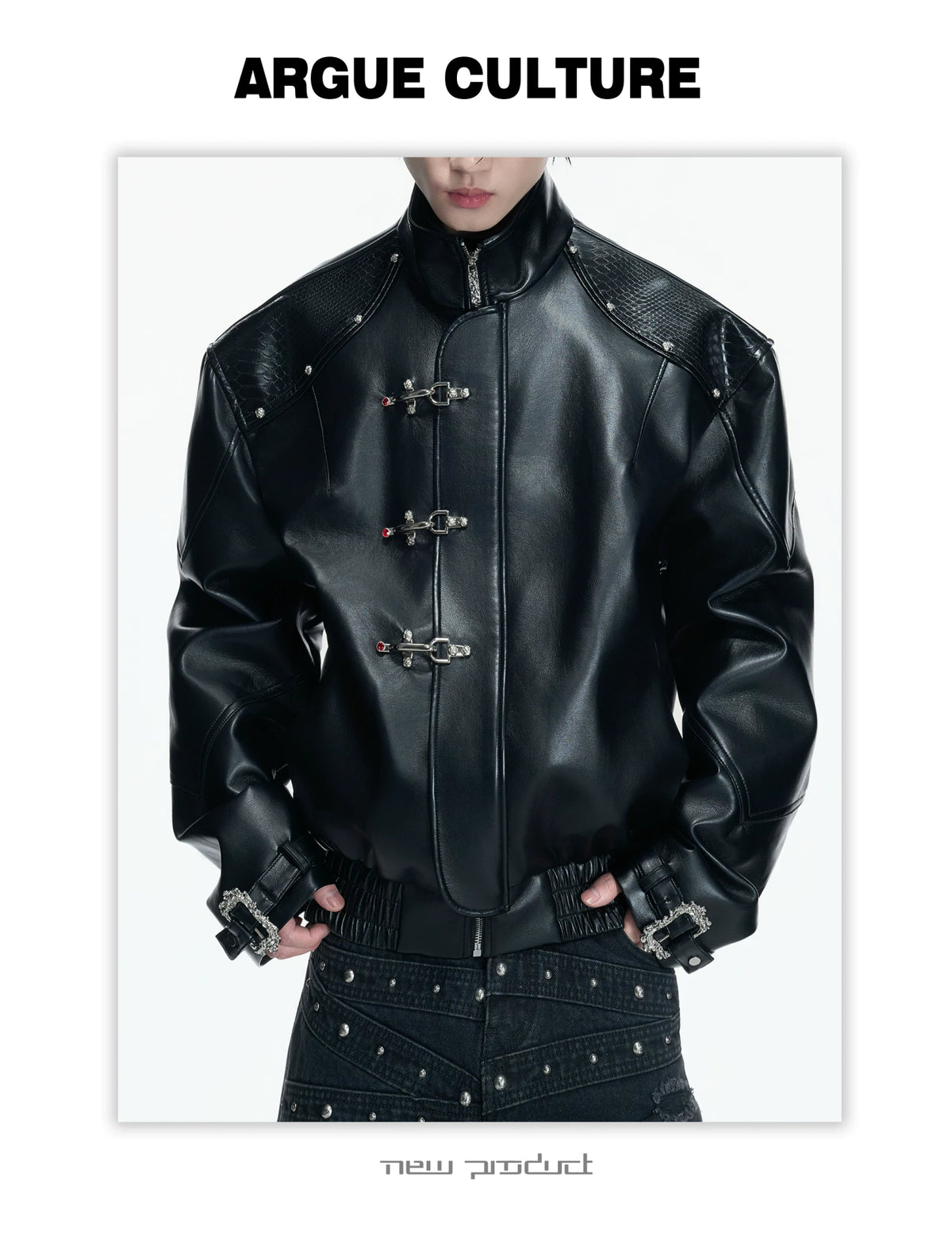 Black Faux Leather Flight Buckle Stand Collar Jacket - detail image 4