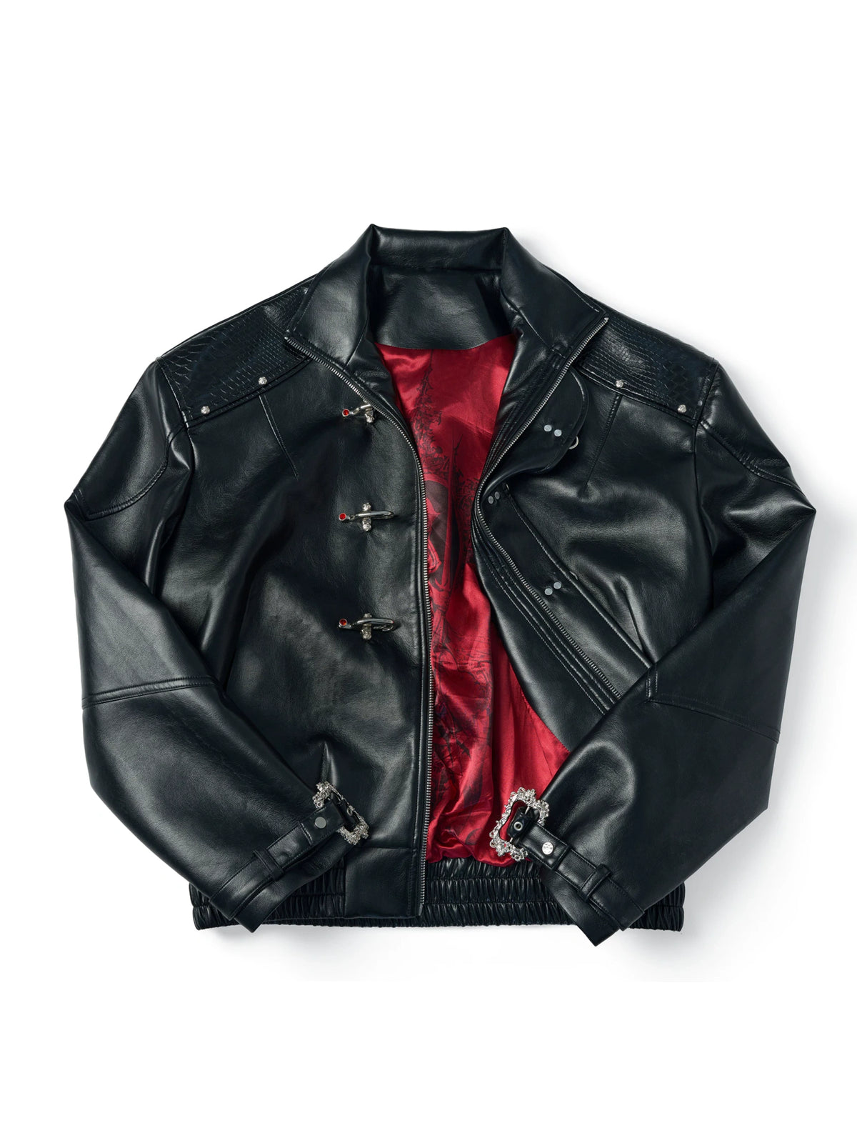 Black Faux Leather Flight Buckle Stand Collar Jacket - main image 1