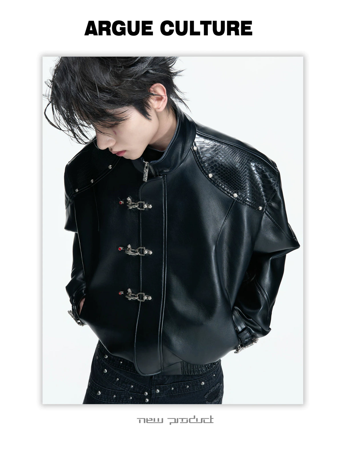 Black Faux Leather Flight Buckle Stand Collar Jacket - detail image 3