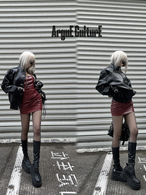 Black Faux Leather Flight Buckle Stand Collar Jacket - main image 4