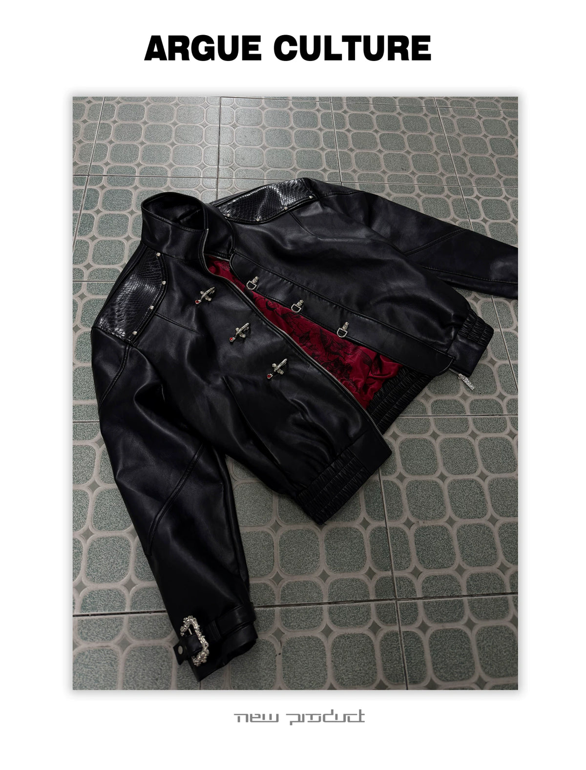 Black Faux Leather Flight Buckle Stand Collar Jacket - detail image 7