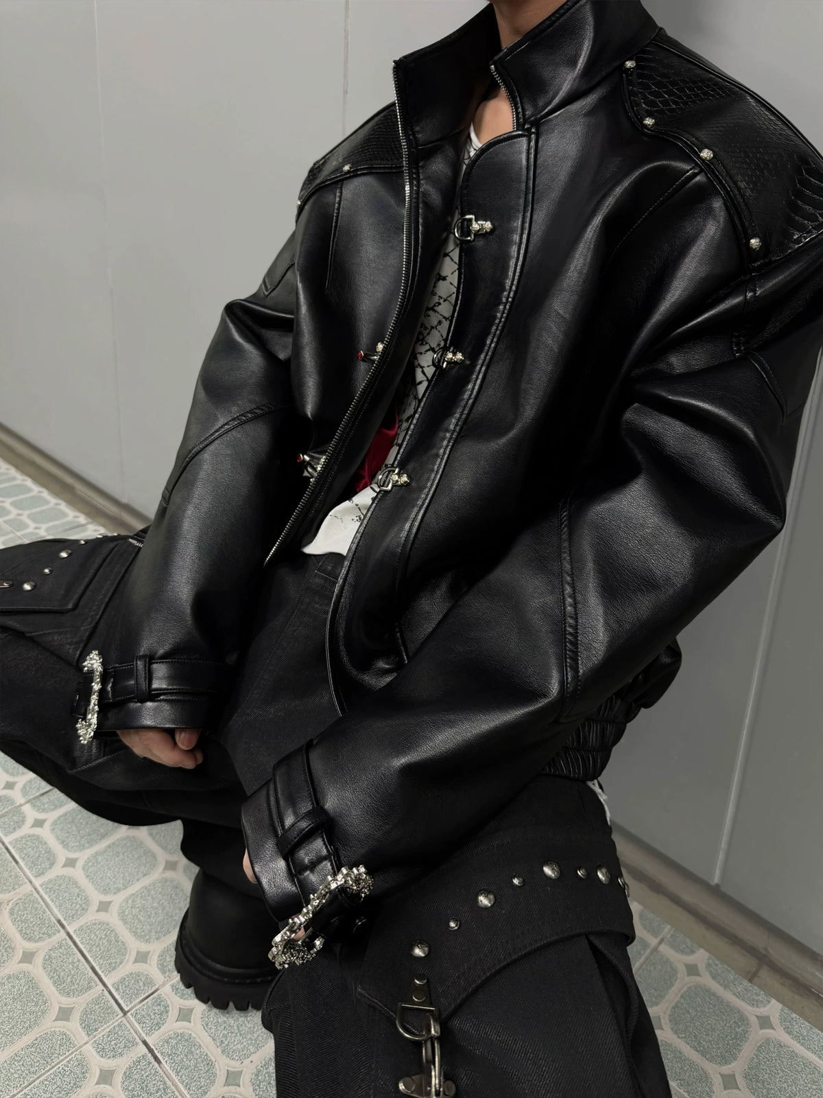 Black Faux Leather Flight Buckle Stand Collar Jacket - main image 3