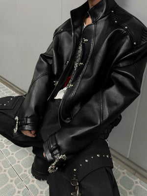 Black Faux Leather Flight Buckle Stand Collar Jacket - main image 3